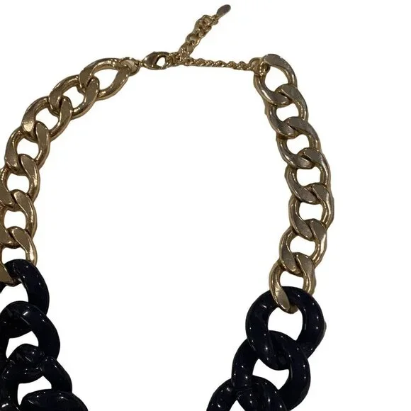 Aldo Statement Necklace Navy Blue Gold Big Chunky Bold Chain Retro Classic - Picture 11 of 12